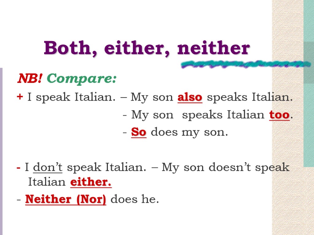 Both, either, neither NB! Compare: + I speak Italian. – My son also speaks